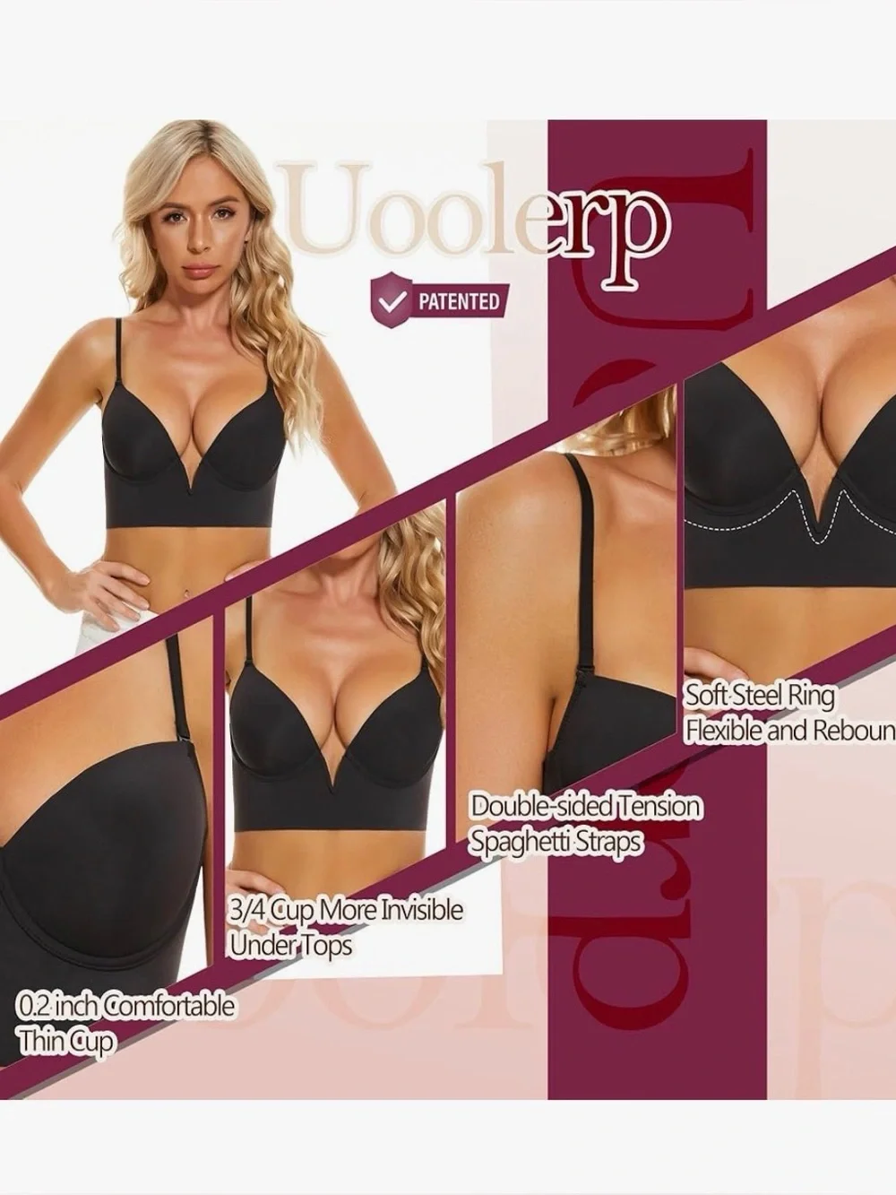 NWT Uoolerp Adjustable Low Back Bra -Black 38D - Picture 2 of 7